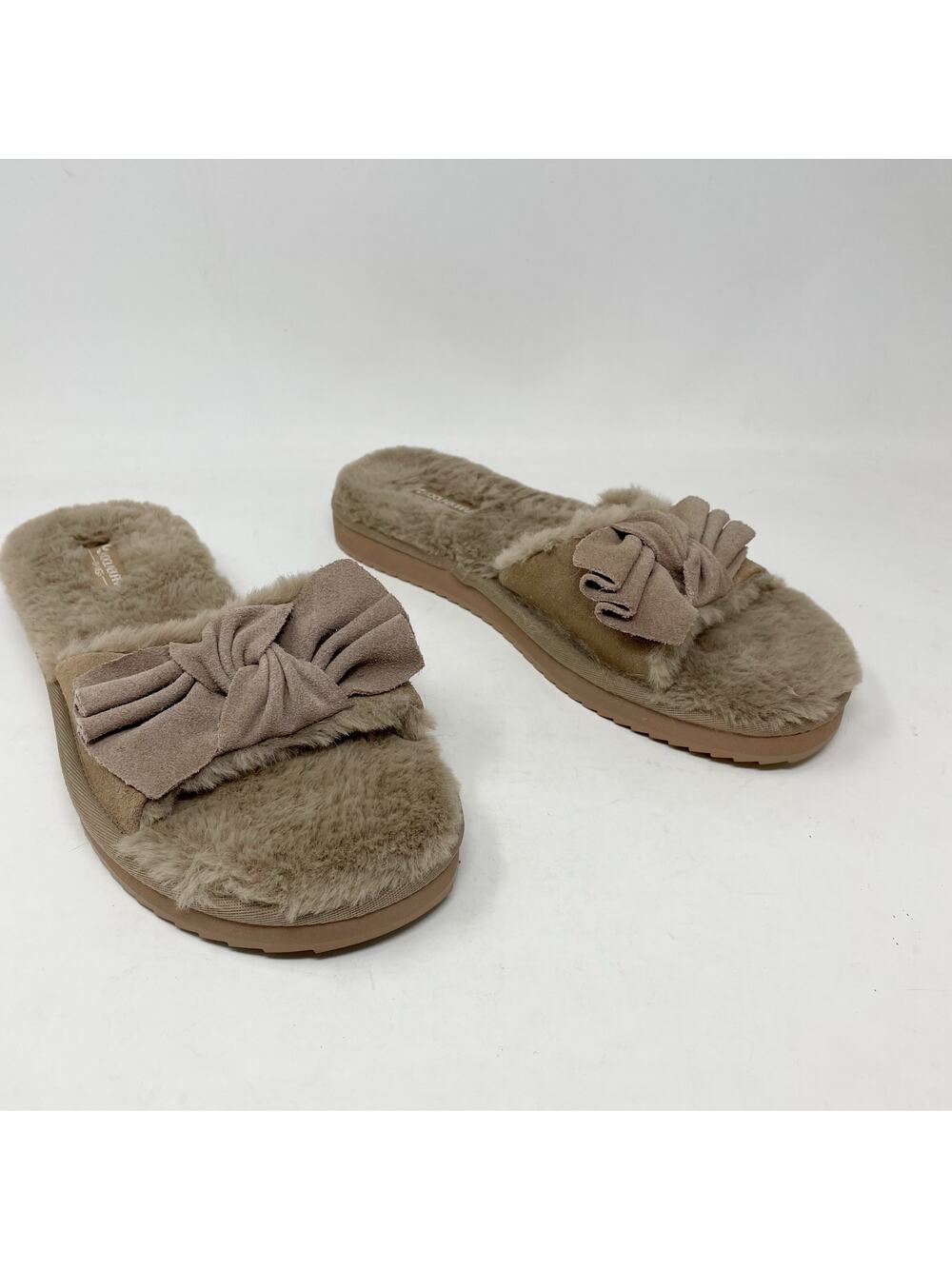Koolaburra By UGG  Ishani Suede Bow Faux Fur Slippers Slides Amphora Taupe 10